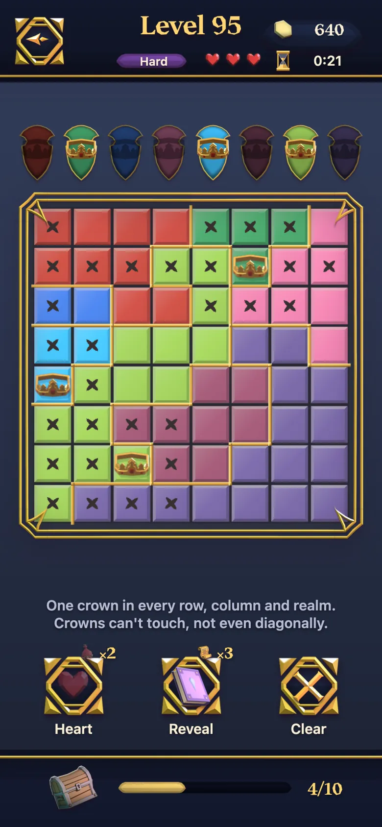 Level 95 in play: an 8 by 8 board of eight coloured realms, with three crowns and many X marks placed.