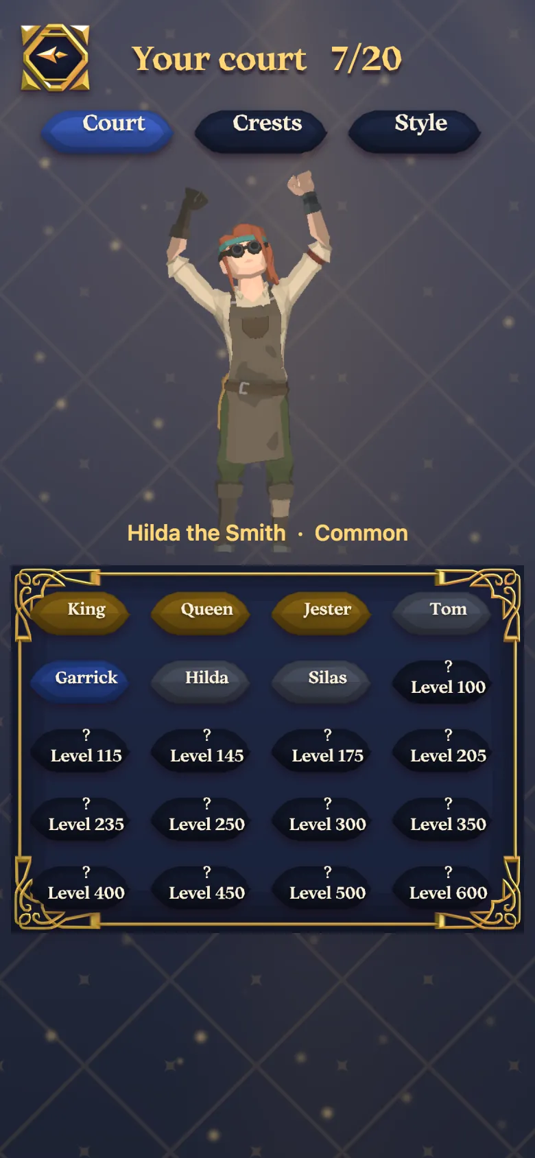 The court page: Hilda the Smith above a grid of the 7 of 20 characters found so far.
