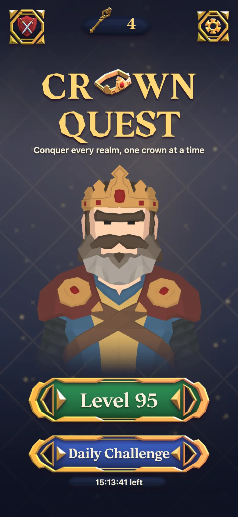 The title screen: the King stands under the Crown Quest logo, above the Level 95 and Daily Challenge buttons.