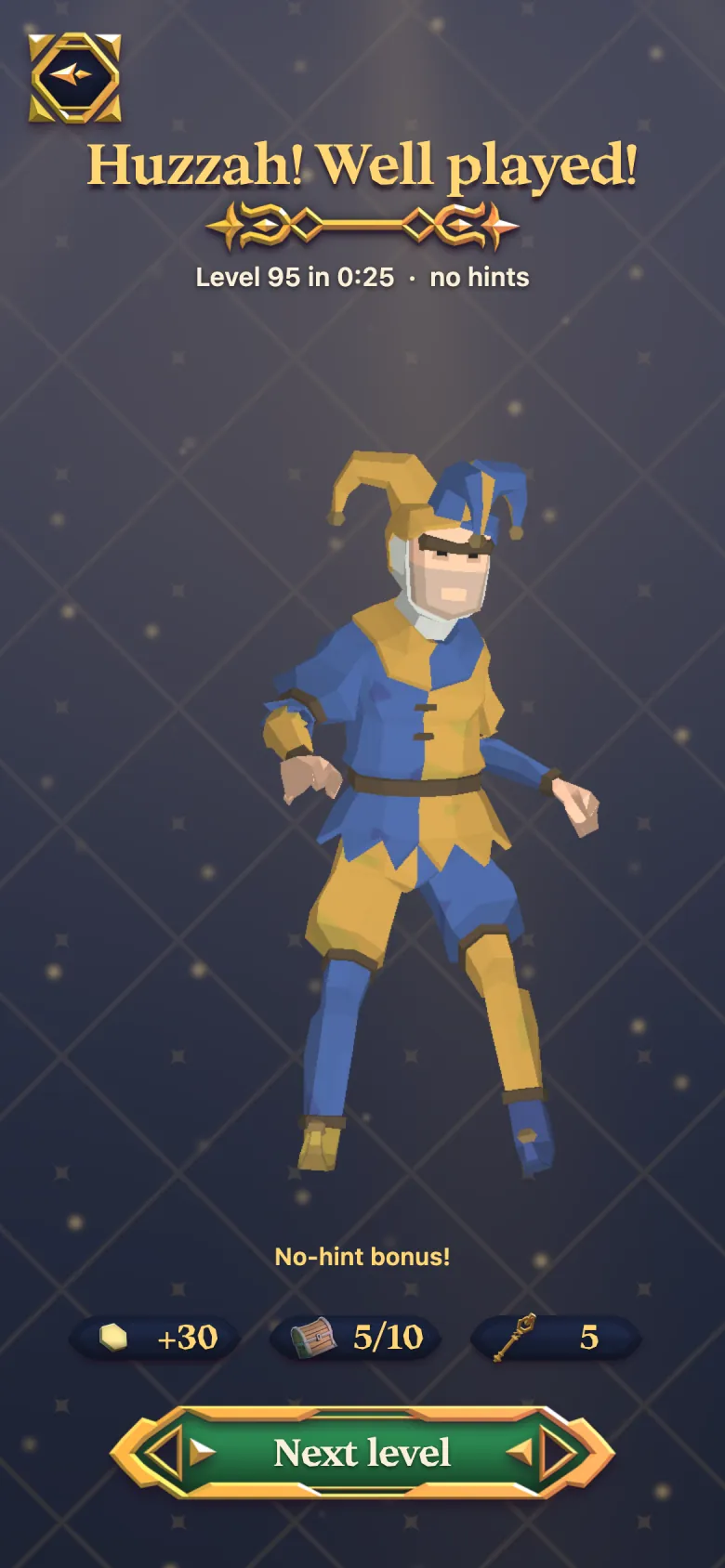 The result card after solving Level 95 in 25 seconds with no hints, with the Jester dancing.